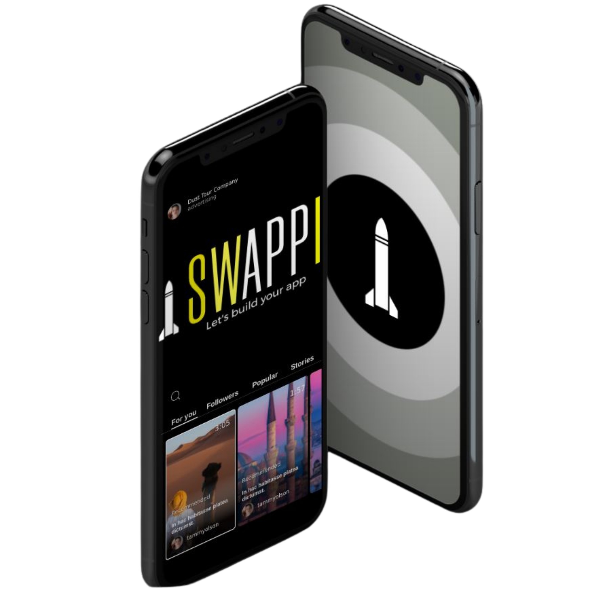 Swappi Technologies mobile app interface shown on two smartphones